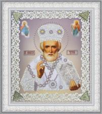 Картины бисером | Икона Святителя Николая Чудотворца (серебро,ажур). Размер - 19 х 21,5 см.