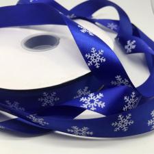 Лента атласная с рисунком "Снежинки" (синий фон),25 мм